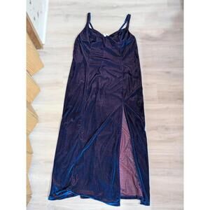 VTG 90s Cacique Plus Size Deep Blue Color Shift Velour Thigh Slit Maxi Dress Sz